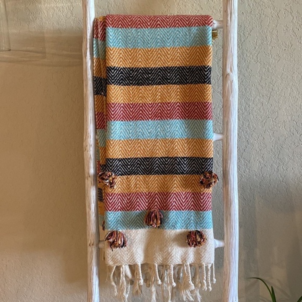 Jacinta Woven Pom Throw/blanket - Creme/Blue/Orange - Picture 3 of 10
